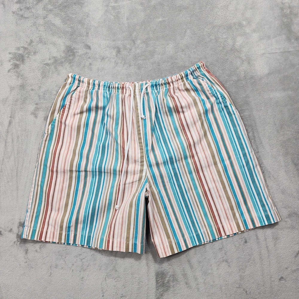 Vintage Blair Shorts Womens‎ L Blue Brown Striped Bermuda Cotton Drawstring